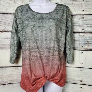 Christopher & Banks Women’s Green Red Ombre 3/4 Sleeve Knot Hem Top Medium